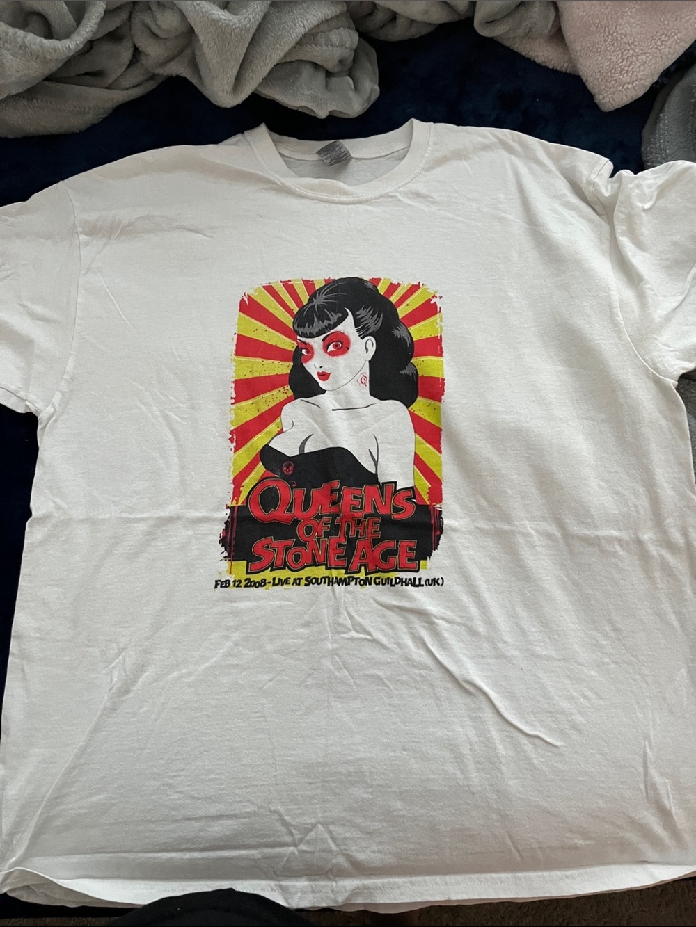 2/$40 Queens of the Stone Age Graphic Band Tee - White with Red & Yellow Print